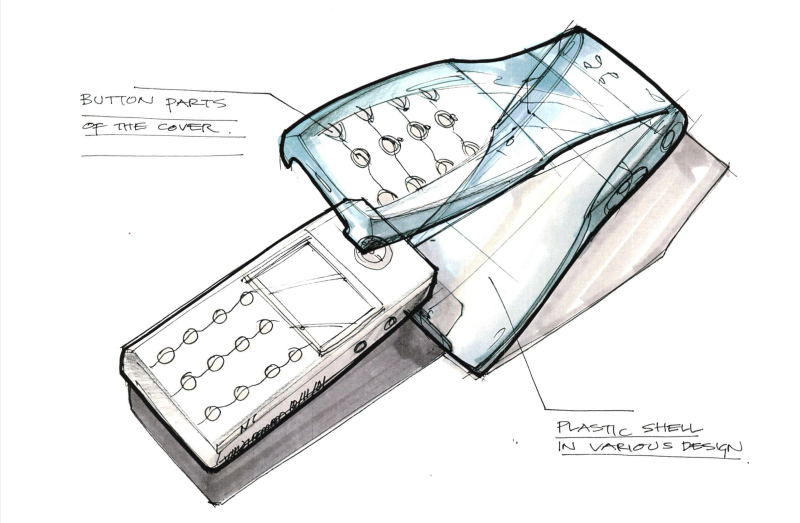 A design sketch of a partially disassembled candybar mobile phone. The enclosure is a clamshell of plastic that envelops the functional internals of the device and is illustrated to the right upper corner of the image, slightly overlapping the internals evoking the idea of the internals being inserted into the cover. The words "buttons part of the cover" are written toward the top with an arrow toward the numpad and "plastic shell with various design" is written toward the bottom with an arrow toward the translucent blue shell.